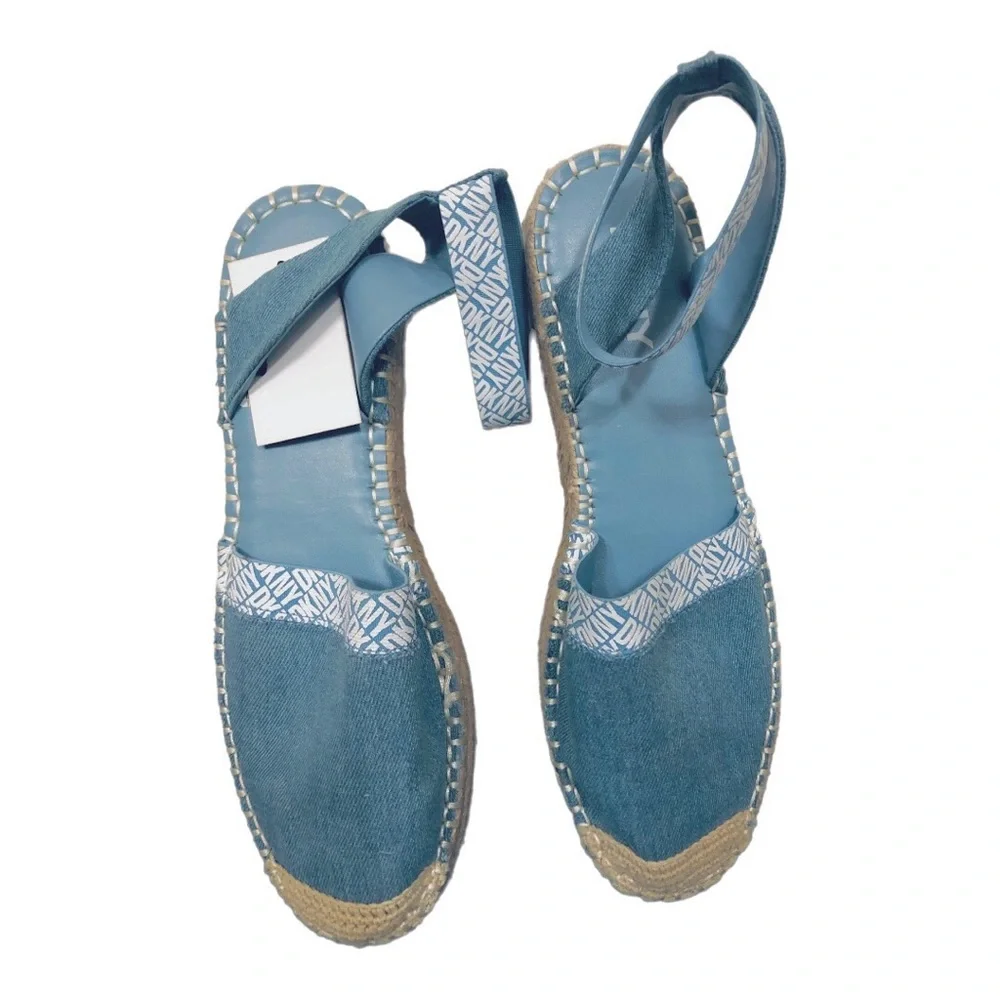 DKNY Melanie Blue chambray anklestrap cap toe platform espadrilles shoes size 10